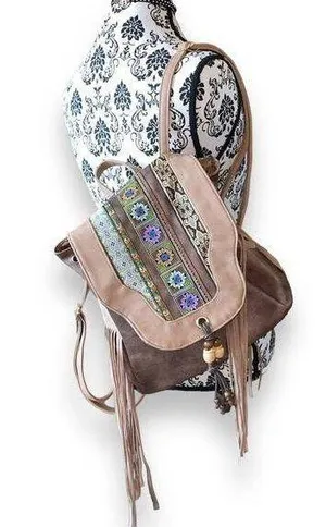 Bohemian Faux Leather & Tassels Beaded Backpack thumbnail 1
