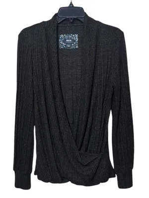 Maeve ANTHROPOLOGIE Rafela Hacci Surplice Faux Wrap Sweater M 20.5” Charcoal EUC thumbnail 2