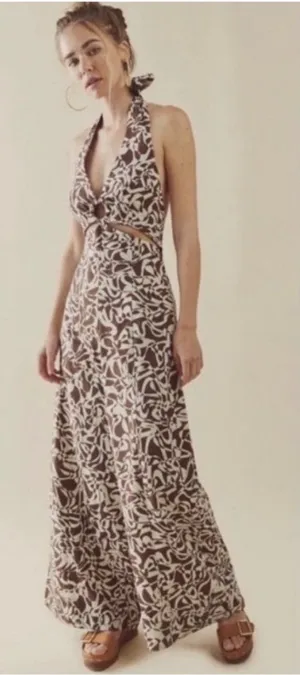 Free People Kira Abstract Cut-Out Brown & White Jumpsuit thumbnail 1