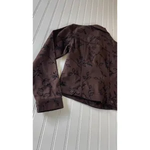 AT Vintage Denim Brown Floral Flocked Velvet Print Trucker Jacket Womens XS thumbnail 9