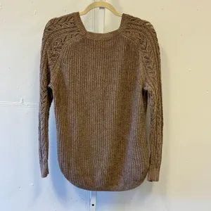 LOFT Ann Taylor Brown Cotton Camel Hair Blend Pointelle Raglan Sweater Women's M thumbnail 2