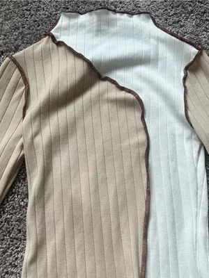 Timing Two-Tone Ribbed Long-Sleeve Top in Beige, White & Brown Trim thumbnail 3
