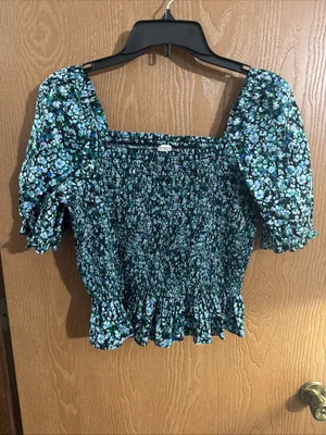 J.Crew Cotton Poplin Smocked Blue Green Floral Top Puff Sleeve Ruffle Hem Medium thumbnail 2