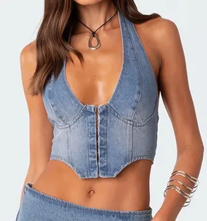 Edikted denim corset top cropped Katrina Lace Up halter scoop vneck thumbnail 1