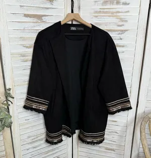 ZARA Women's L Combination Faux Suede Embroidered Jacket Boho Western Black thumbnail 9