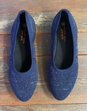 Bernie Mev Navy Metallic Silver Woven Stretch Knit Ballet Flats Sz 39 8.5 💛🍄 thumbnail 1