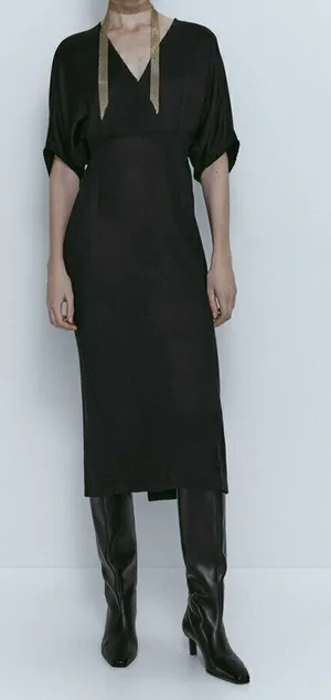 Massimo Dutti Black Midi Dress with Gold Neck Detail Size M thumbnail 1
