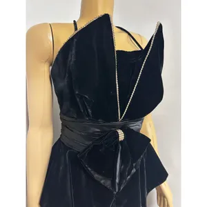 Vintage Night Way Black Velvet Peplum Dress Rhinestone Bow Halter 80s Glam 12 thumbnail 3