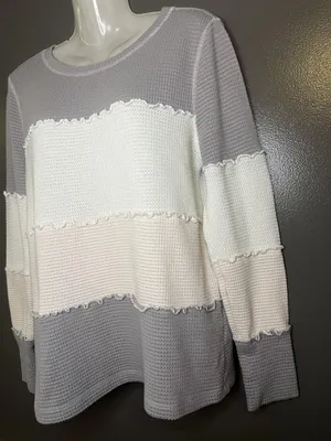 Doe & Rae Sweater Womens Medium Gray Colorblock Waffle Knit Ruffle Pullover thumbnail 4