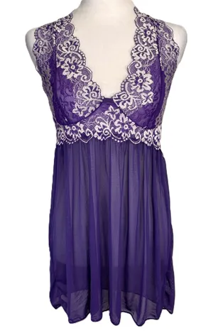 Babydoll Sheer Halter Slip Dress Women L Purple Floral Lace Festival‎ Romantic thumbnail 1
