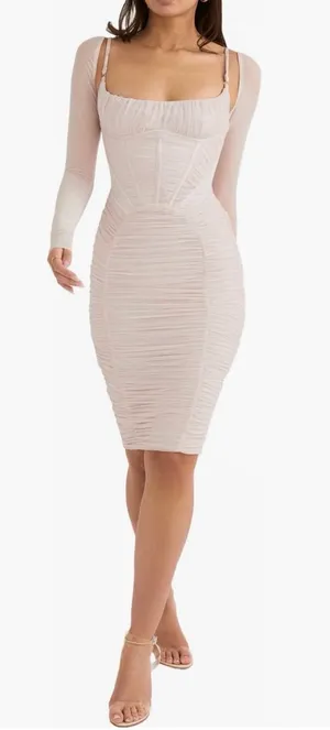 House of CB FREYJA Satin Ruched Long Sleeve Body-Con Dress Small A/C Crystal thumbnail 1