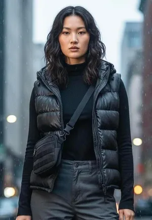 Gianni Bini Puffer Vest‎ Women's Faux Leather Hooded Black Gorpcore Size Small thumbnail 1