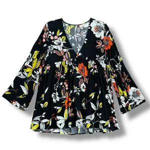 Free People Bella Tunic Top‎ Floral Babydoll Blouse Women’s L Black Multicolor thumbnail 1