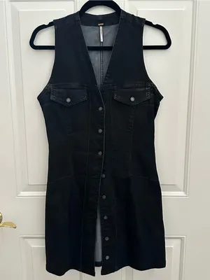 Free people wondering star Sleeveless Black Button-Front Denim Dress size 2 thumbnail 3