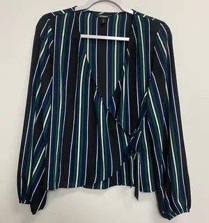 Express Women's Black Striped Faux Wrap Long Sleeve‎ Blouse Size Medium thumbnail 1