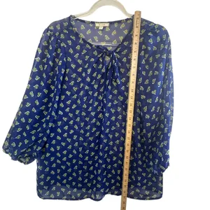 DLEIONE Sheer Bow Print Blouse‎ Blue Tie Neck Long Sleeve L Made in USA thumbnail 10