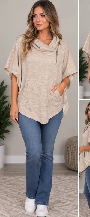 Simply Noelle Cowl Neck Poncho Size S/M Oatmeal Heather Fleece Pullover thumbnail 1