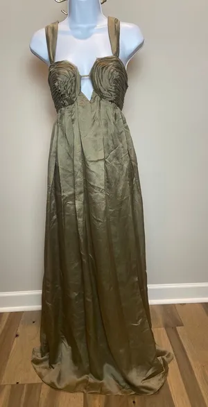 Vestique Satin Maxi Dress Size S Olive Green Keyhole Empire Waist New With Tag thumbnail 1