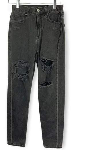 American Eagle | Size 00 XXS | Mom Jeans High Rise Distressed Ripped Faded Black thumbnail 1