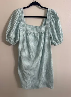 Vineyard Vines Performance Gingham Puff Sleeve Square Neck Dress Blue White S thumbnail 1