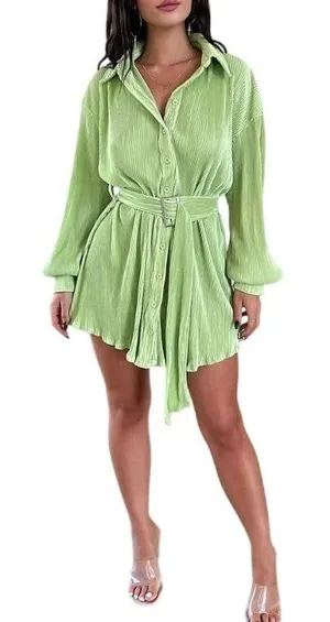 Thats So Fetch Lime Green Plisse Belted Mini Shirt Dress Size 4 thumbnail 1