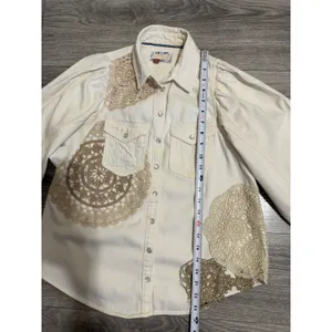Pilcro Anthropologie XS Shirt Crochet Lace Patchwork‎ Denim Cream Puff Sleeve thumbnail 7