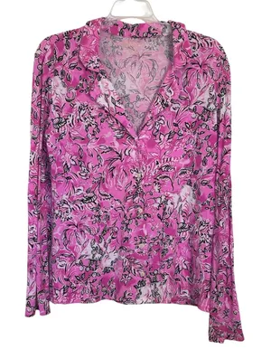 Lilly Pulitzer Purposefully Plumeria Pink Elephant Long Sleeve Pajama Knit Top M thumbnail 1