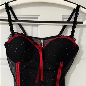 Native Intimates Babydoll Teddy 36B Medium Black Red Lace Sheer Rhinestones thumbnail 4
