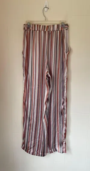 satin striped pants elastic waist belted pink grey women’s size M thumbnail 2