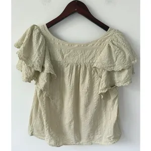 Loft Women's Sz Large 100% Cotton V-Neck Ruffle Sleeve Eyelet Trimmed‎ Blouse thumbnail 3