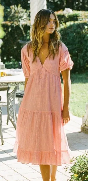 Sabo Skirt Pink Textured Tiered Midi Dress Puff Sleeve V-Neck XS thumbnail 1
