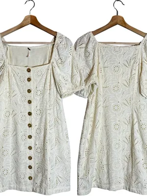 Free People Daniella Eyelet Mini Dress Women's 2 Ivory Puff Sleeve Boho Cotton thumbnail 4