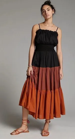 Seen Worn Kept Anthropologie tiered black & orange sleeveless maxi dress thumbnail 1