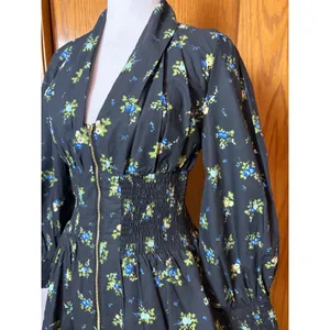 Maeve Anthropologie Tommie Mini Shirtdress Black Floral Smocked Waist Cotton thumbnail 4