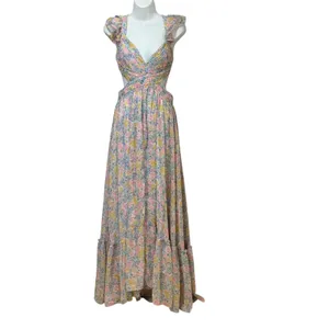 ASTR The Label Floral Cutout Maxi Dress Pink Blue Pleated Lace Up Back Small thumbnail 4