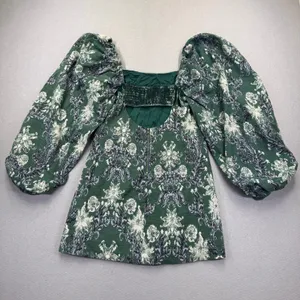 Free People Chloe Mini Dress Green Floral Velvet Square Neck Balloon Sleeve M thumbnail 9