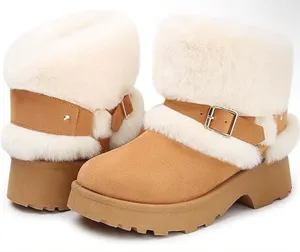 Faux Fur Cuff Tan Winter Boots with Buckle thumbnail 1