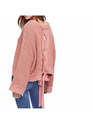 Free People Sweater Maybe Baby Pullover Sweater chunky knit lace up back thumbnail 3
