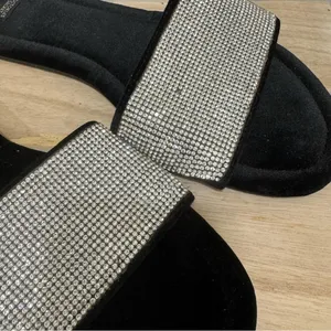Victoria's Secret Black‎ Velvet Silver Rhinestone Slide Sandals L 9/10 thumbnail 3