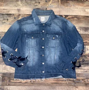 Denim Jacket with Ribbon Lace-Up Sleeves - Blue thumbnail 1