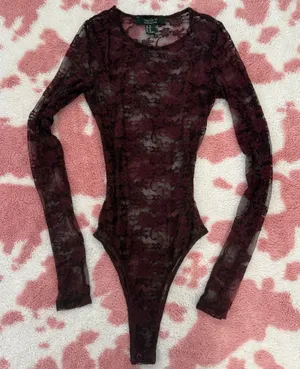 Forever 21 ✨ Y2K Dark Cherry Lace Bodysuit ✨ Sheer Floral Mesh Long Sleeve Goth Coquette Fairy Top XS thumbnail 1