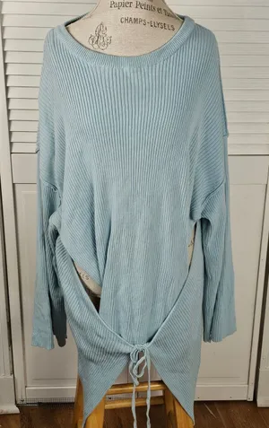 Free People Beach Womens Blue Brig Tie Front‎ Pullover Tunic Sweater Large thumbnail 1
