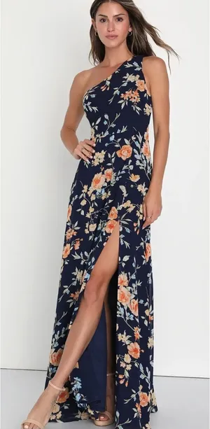 Lulus Elegant Admiration Floral One Shoulder Maxi Dress Navy Blue Size M NWT thumbnail 1