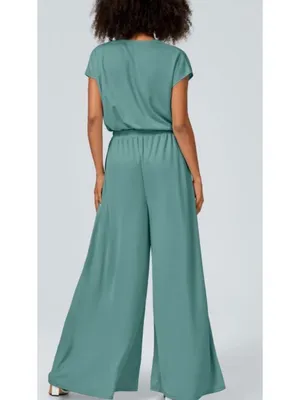 Halara M Seafoam Green Maxi Dress Crossover V-Neck Cap Sleeves Pleated Flowy Ski thumbnail 2