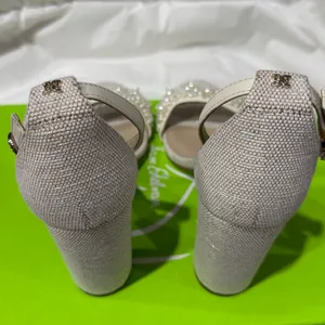NEW Sam Edelman Sz‎ 8Yaro Perla Open Toe Silk Tweed 4” Dazzling Heels Tan thumbnail 11