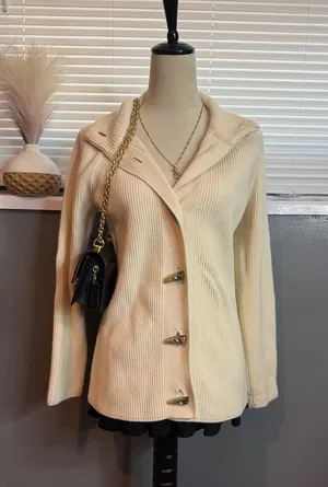 Jones New York Ivory Wool Angora Ribbed Toggle Cardigan Jacket Size S thumbnail 1