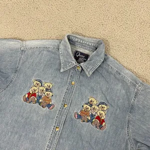 Vintage Embroidered Bear Denim Shirt Women M Blue Let's Quizz Again‎ Grandma thumbnail 2
