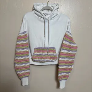 FATE Women's Sweatshirt Hoodie Knitted Details Sleeves‎ Pouch Pocket White Small thumbnail 2