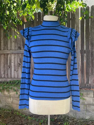 NWT Anthropologie T. La Ruffled turtleneck Top blue black minimalist fall chic M thumbnail 5