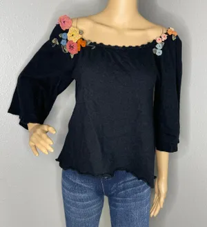 Moth for 3/4 Sleeve Black Wool Blend Blouse Floral Appliqué Detail thumbnail 1